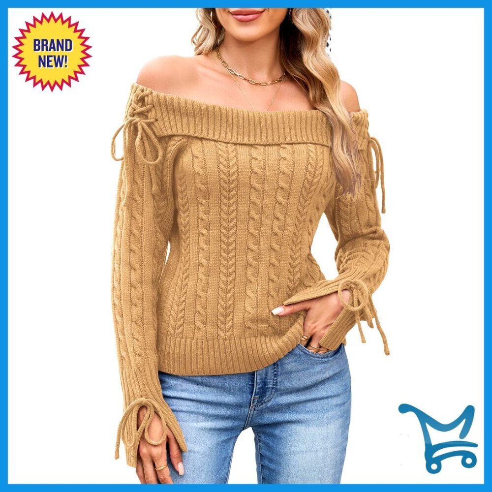 Off Shoulder Cable Knit Pullover Sweater Slim Fit Ribbed Knit Chic Winter Top